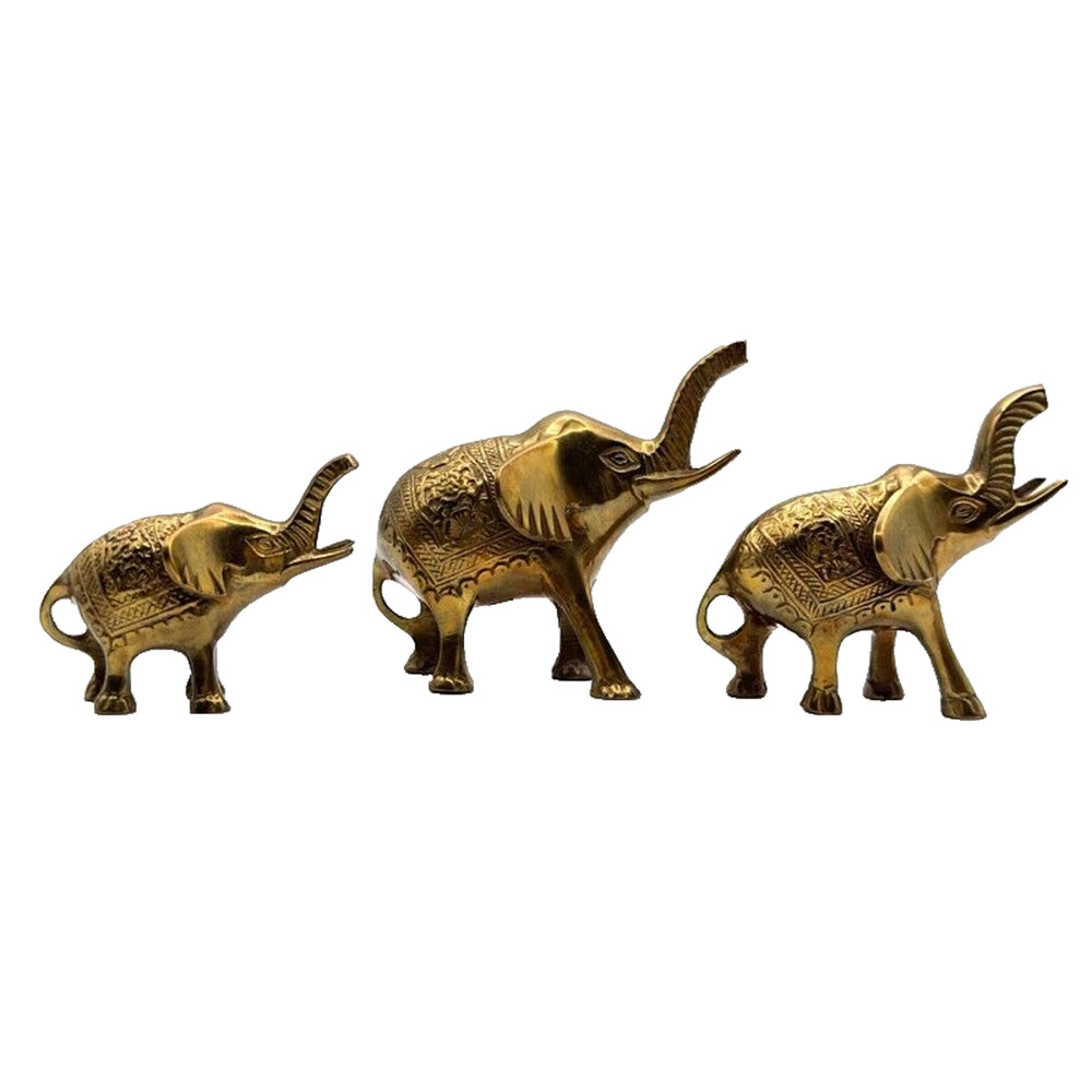 Three Vintage Brass Elephants Lucky Trunks Up Made in India